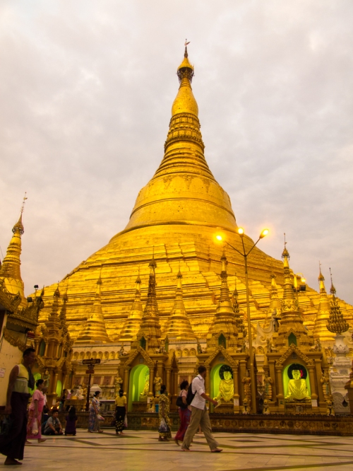This is the central stupa of the Shwedagon pagoda, which is covered in gold leaf. It has a reliquary containing four hairs from Gautama Buddha's head. 