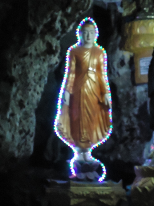 'Christmas' lights are extensively used, wherever there is electric power, to illuminate the buddhas.
