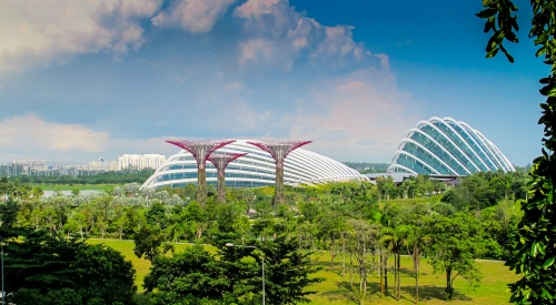 These are the biomes of Singapore's Gardens By The Bay. To the left is the Flower Dome, where it is perpetual temperate spring, and to the right is the Cloud Forest, a cool and misty mountainous place. In front are the cooling towers and solar panels.