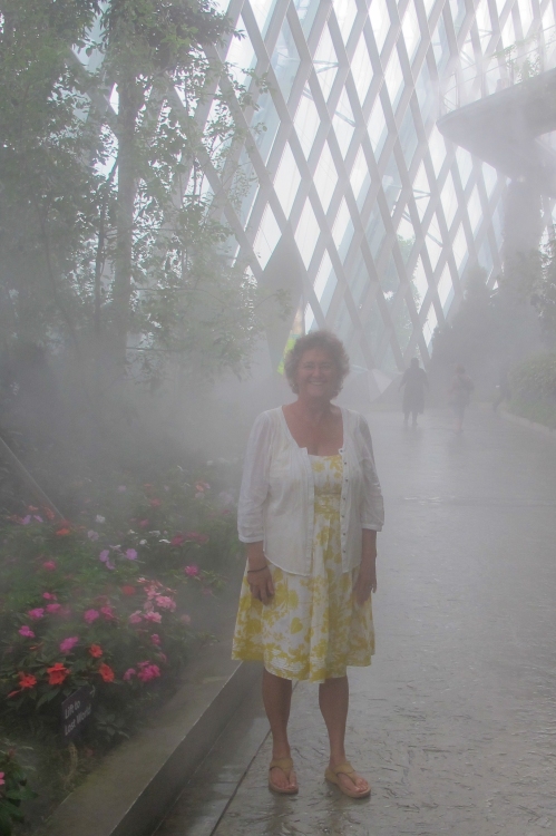 Sal in the mist of the Cloud Forest biome in Singapore's Gardens by the bay.